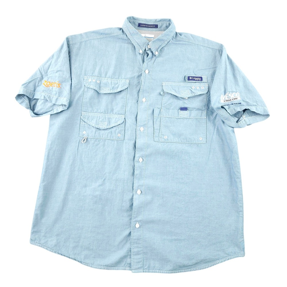 Columbia PFG Super Bonehead Shirt Mens L Blue Short Sleeve Fishing Button Up